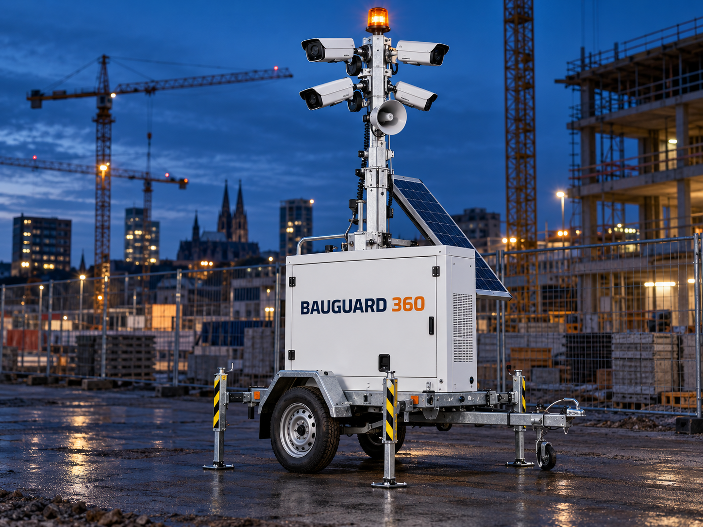 Mobiler BAUGUARD-360-Videoüberwachungsturm auf einer Baustelle