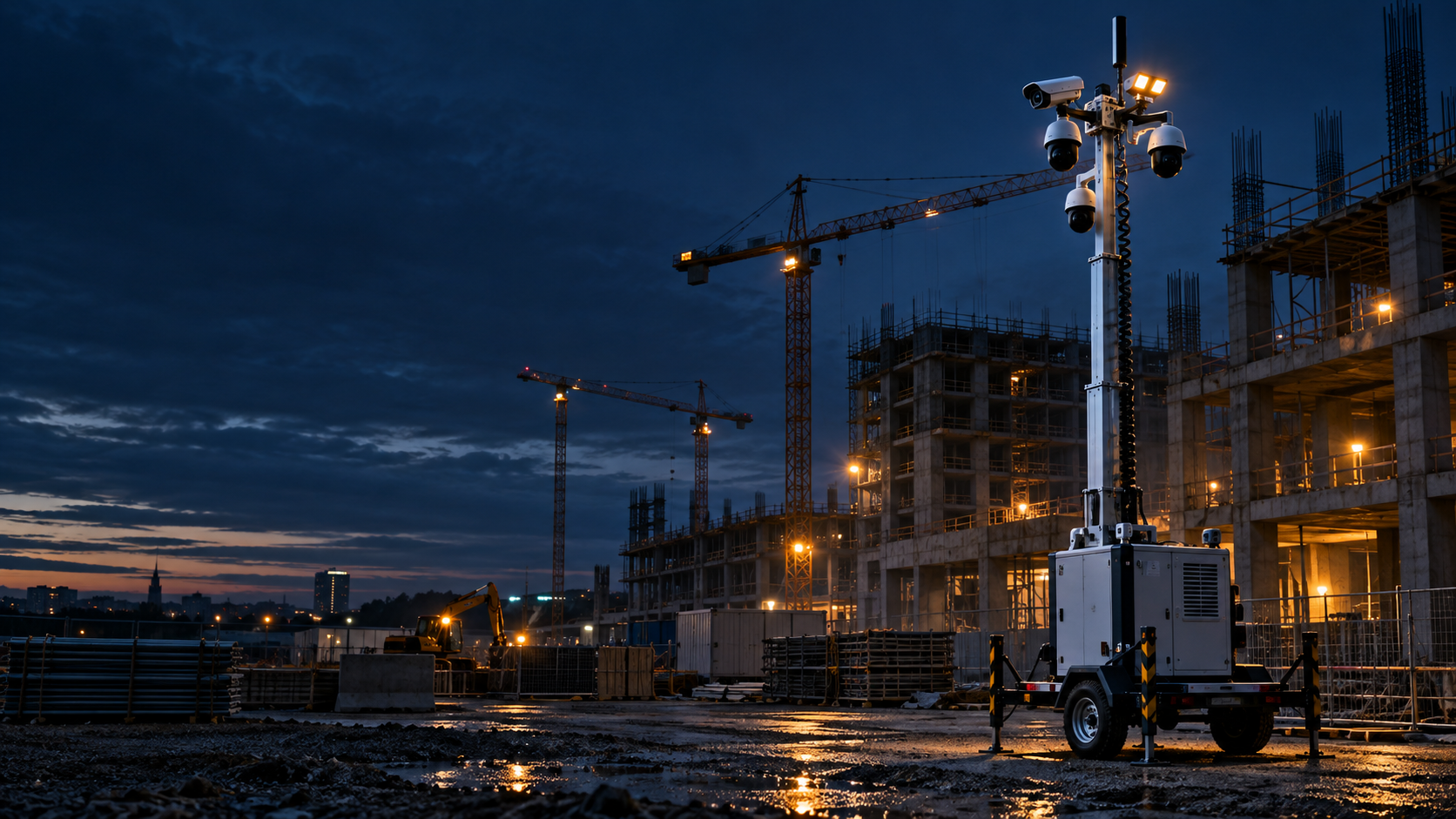 Mobiler Videoüberwachungsturm auf einer Baustelle bei Nacht